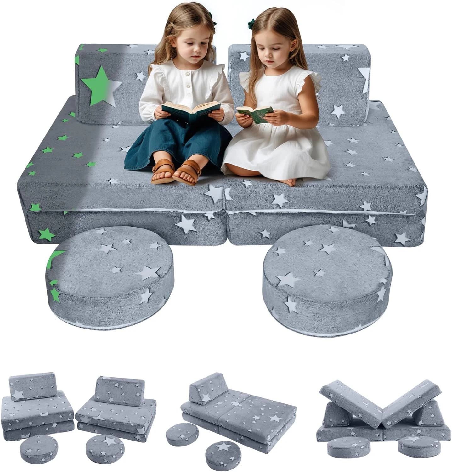 10-Piece Couch Sofa Modular Toddler Glow Sofa for Playroom Fold Out Play Couch Sectional Foam Couch Set for Kids