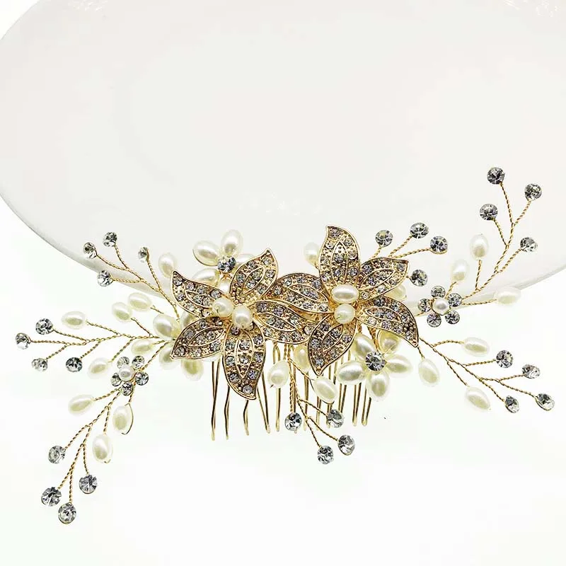 SHSS2006 Wholesale Handmade Bridal Gold Color Hair Accessories Wedding Rhinestone Hair Comb For Girls