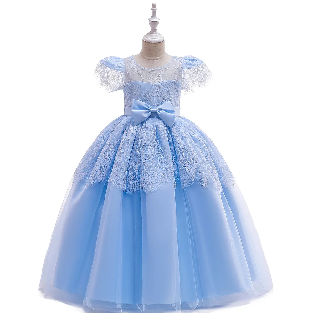 High quality long little girl gowns pageant short sleeve lace 13 year old girls dress light blue cheap modern frock designs