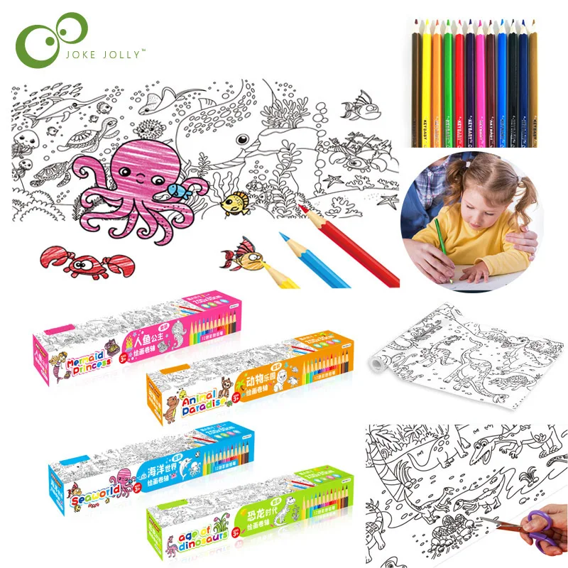Children's New Year Gift Toy Coloring Paper Graffiti 200x30cm Picture Scroll Long Roll Dinosaur Set 12 Color Brushes Xpy