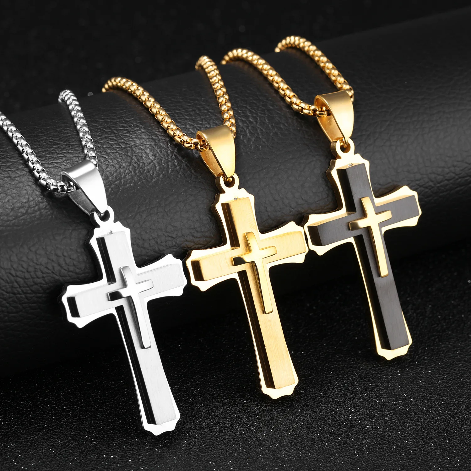 Gold Plated Titanium Steel Big Cross Pendant Necklace Men Teen Boy Jewelry Three Layers Jesus Crucifix Necklaces With Box Chain