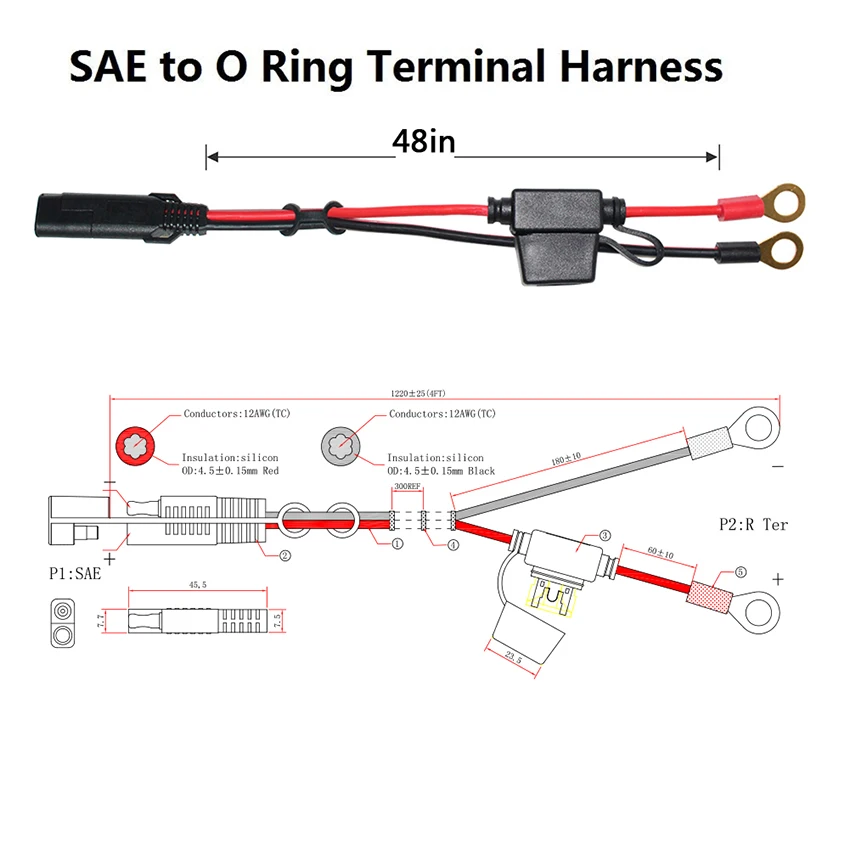 12-24V battery Charger 15A fuse SAE to O Ring Terminal Extension cable for vehicle outdoor equipment