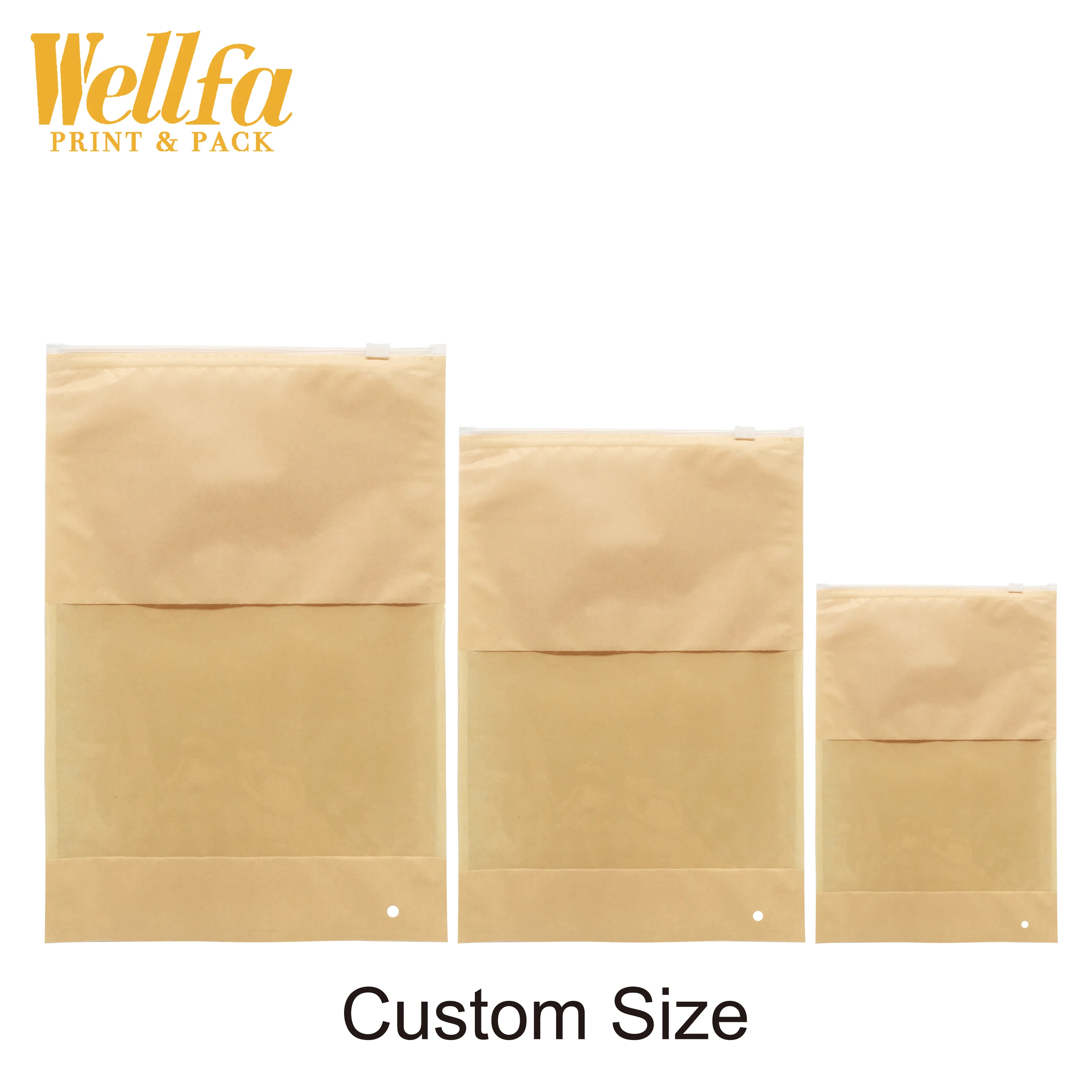 Factory Custom Printing Plastic Kraft Paper Clothing Frosted Zip Log Bag With Glossy Window