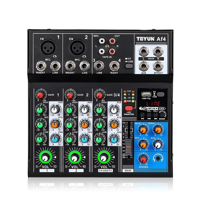 TEYUN AF4 Professional 4-way mixer 5V powered microphone reverb DJ Equipment mixer front effects bidirectional transmission mode