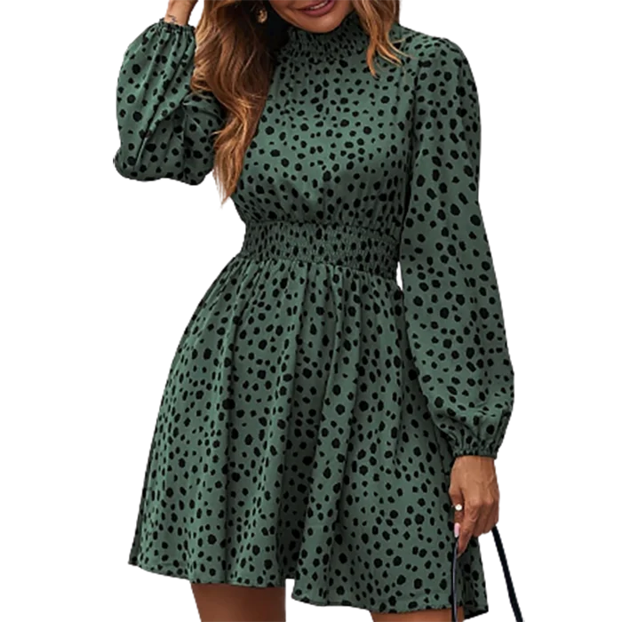 Ladies all over dot print spring dress women long sleeve a line dress with shirred stand neck and waist