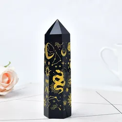 Natural Crystal Carved Obsidian Star-Moon Crystal Tower Crystal Point Healing Stone Hexagonal Obelisk