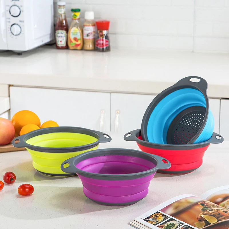 Hot sale 2 size kitchen strainer foldable wash colander round silicone vegetable drain basket