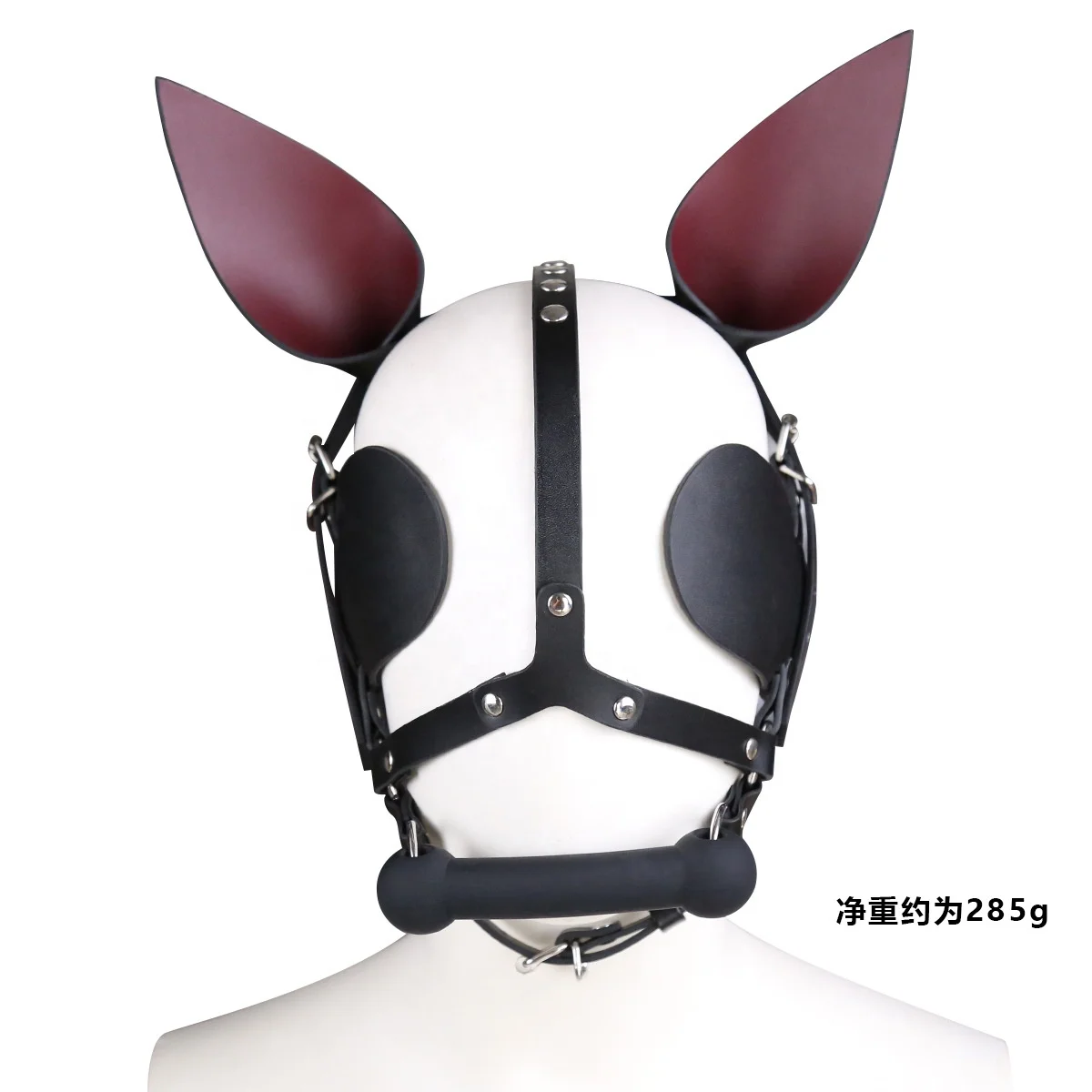 Real Leather Bunny Ears Ball Gag Harness  Leather Harness Hood with Eye Mask