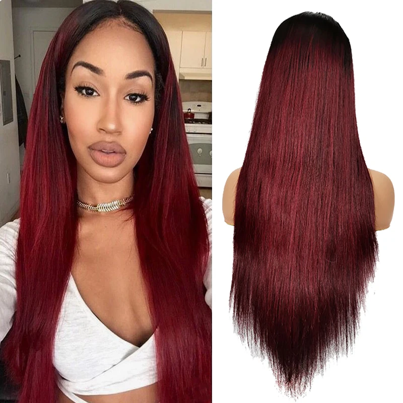 
2021New Fashion 1B/99j High Quality Peruvian Human Hair Item Silky Straight1B/99J Color Cuticle 13X4 Straight Lace Frontal Wig 