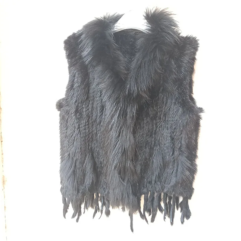 Hot sale Knitted Real Natural Rabbit Fur Gilet Women Fashion Genuine Fur Vest With Tassel Female Sleeveless Waistcoat