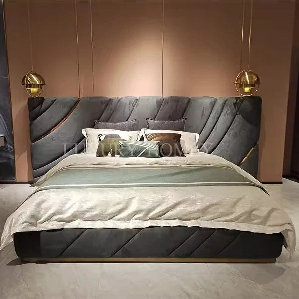 Italian high-end luxury villa large headboard king size bed set modern fashion ultrasound bedroom furniture set queen