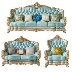 European solid wood leather sofa American double-sided carving luxury villa living room sofa combination 123 high-grade French