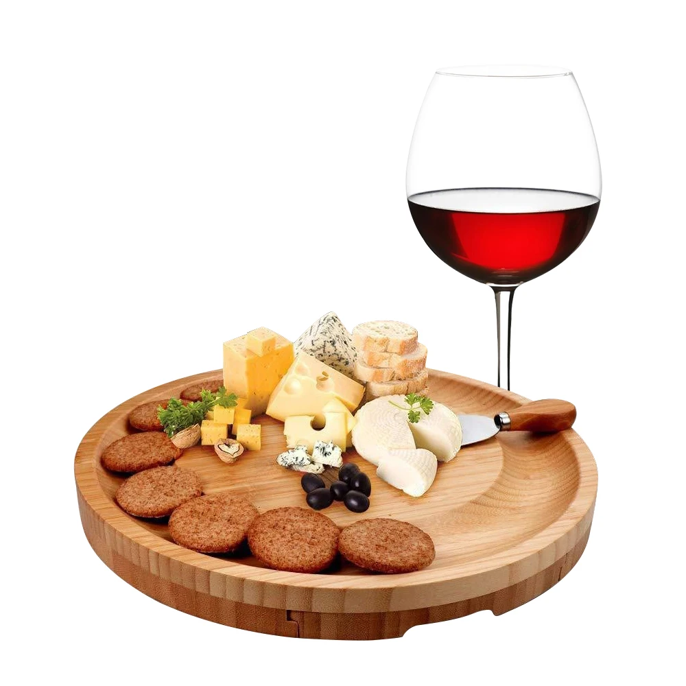 wholesale wooden board custom round premium small bamboo meat charcuterie cheese board with knives