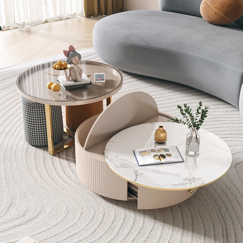 Nordic Style Glass Side Table Storage Living Room Furniture Round Stone Coffee Table