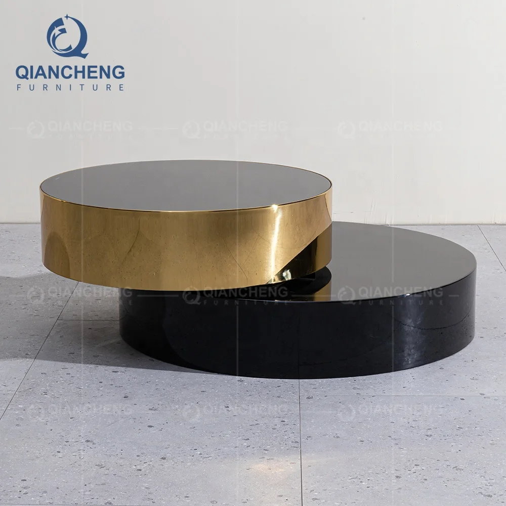living room furniture black rotation coffee table modern design gold metal frame round coffee table