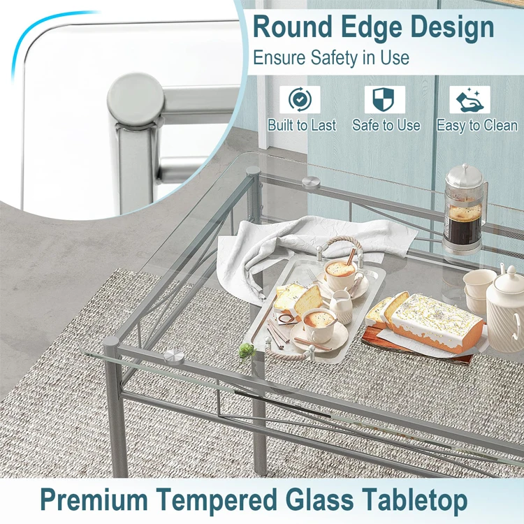 Home Kitchen Dining Room Furniture Glass TableTop Metal Breakfast Lunch Dinner Table Set 4 Pcs Dinning Table and Chairs