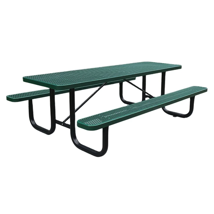 outdoor expanded metal 6 ft 8 ft commercial long picnic table outside farmhouse public cafe steel dining table with bench