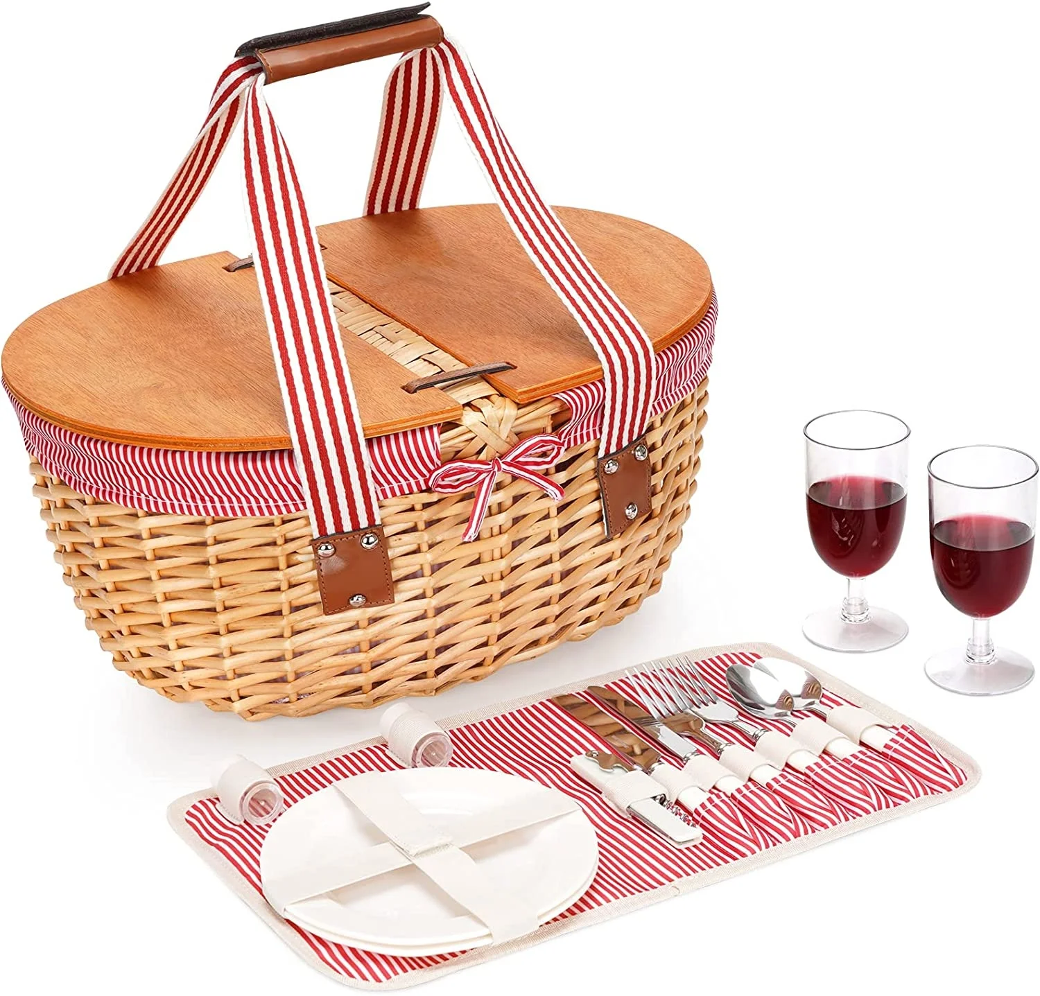 Wicker Picnic Basket Set with Double Wood Lid and Handle Cutlery Service Kit - Dinnerware Set with Wicker Storage Basket Camping