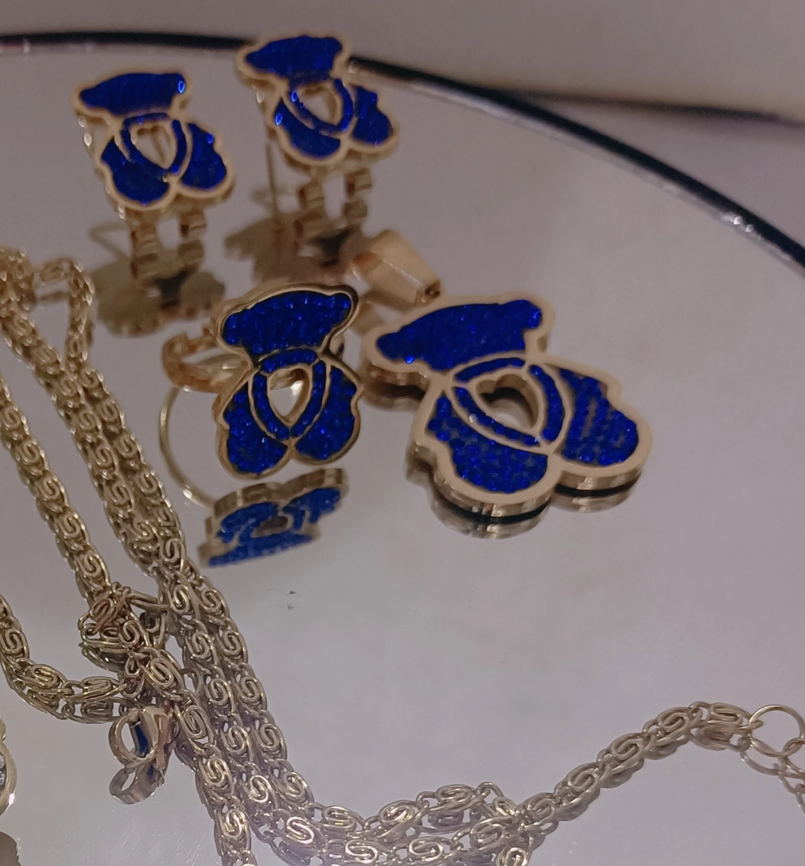 18 K Gold Plating Diamond Heart Bear Stainless Steel Jewelry Set for Woman with Finger chain