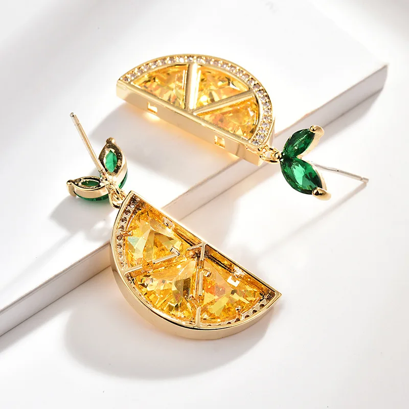 Hot sale fashion 925 silver needle yellow zircon pave fruit lemon stud earrings for summer