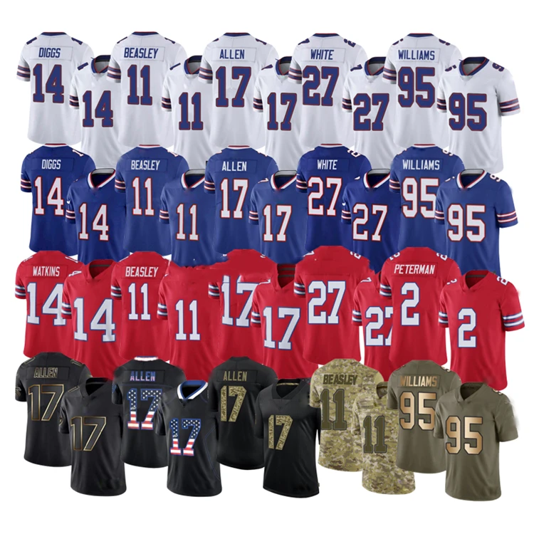 Buffalo Josh Allen 17 Bill Stefon Diggs 14 Cole Beasley 11 Tre White 27 Men American Football Jersey Uniform T Shirt Wholesale