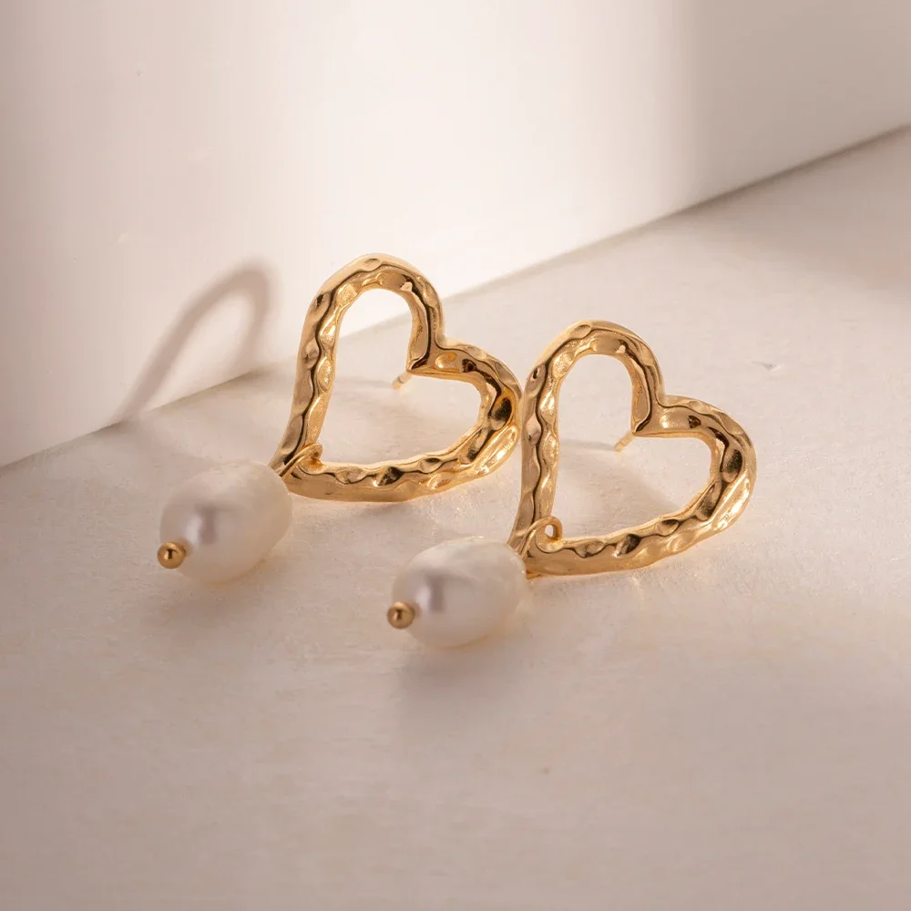SUMMLY 18K Gold Plated Freshwater Pearl Heart Stud Earrings Trendy Stainless Steel Religious Jewelry for Women for Parties