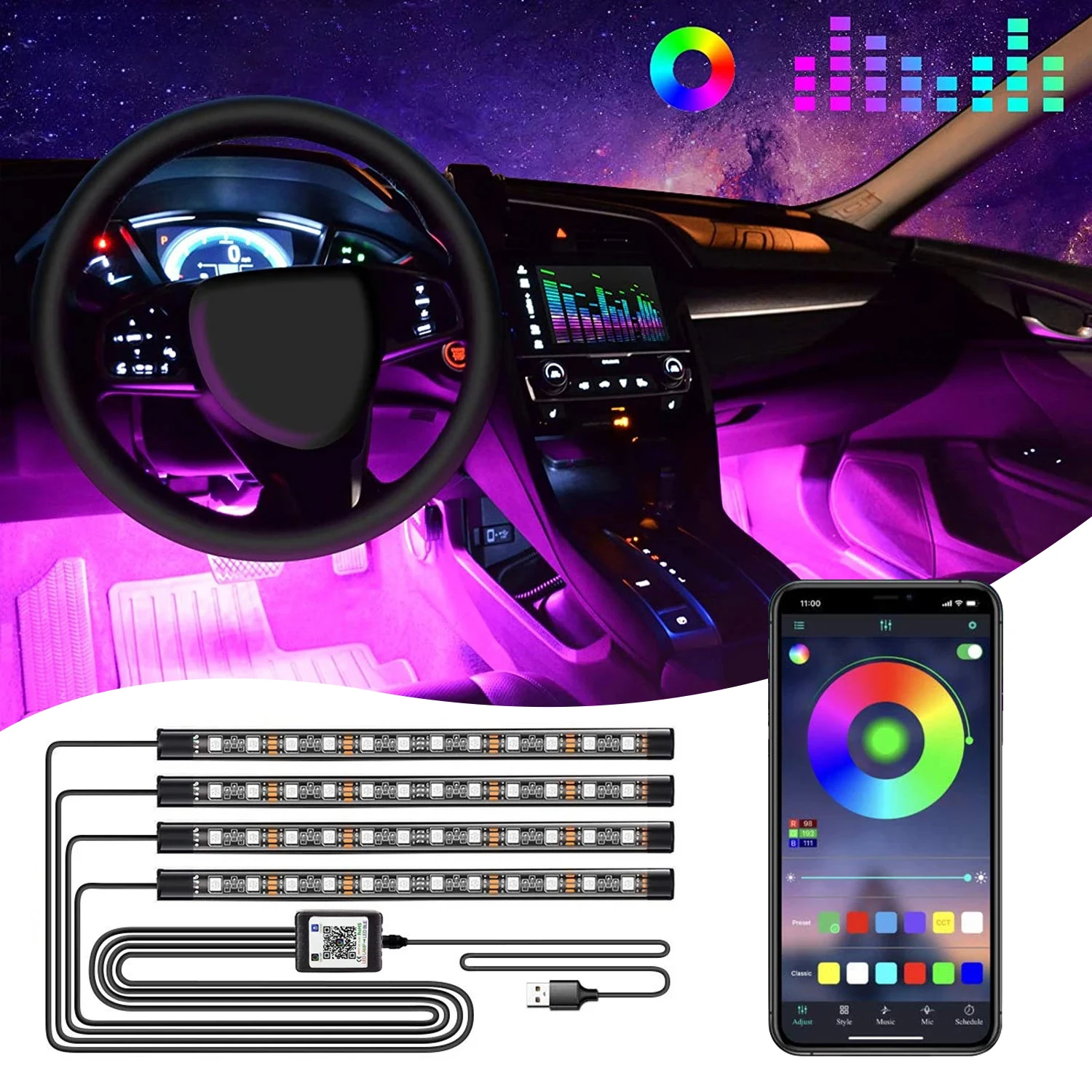12V APP control car decor light underground foot light 5050 waterproof motorcycle flexible led strip light