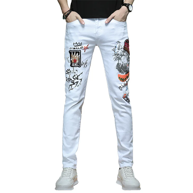 White Denim Fabric Jeans Men Slim Embroidered High  Fashion  Hip Hop Style Long Pencil Pants