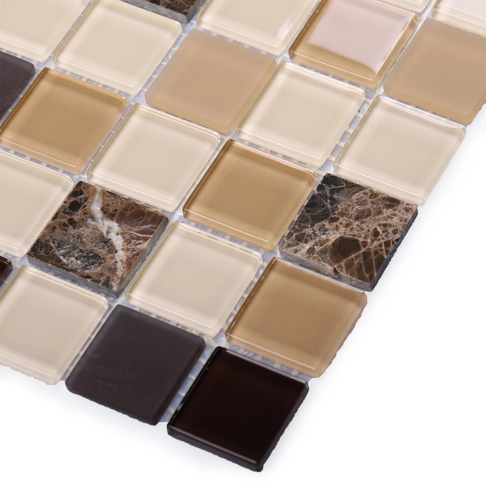 Classic kitchen wall decorative square beige brown glass marble mosaic tiles