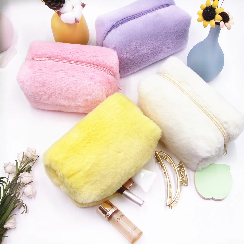 Fashion Soft Terry Cosmetic Bags Zipper Girl Make Up Pouch Plush Makeup Bag