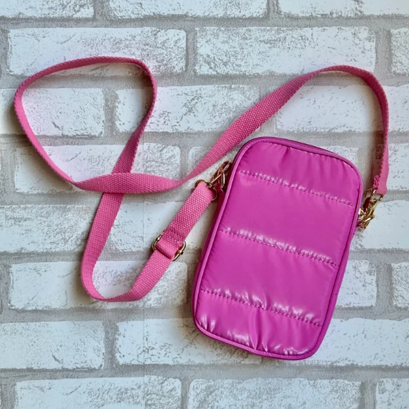 wholesaler custom adjustable strap mini shoulder pink black phone nylon puffer crossbody bag women