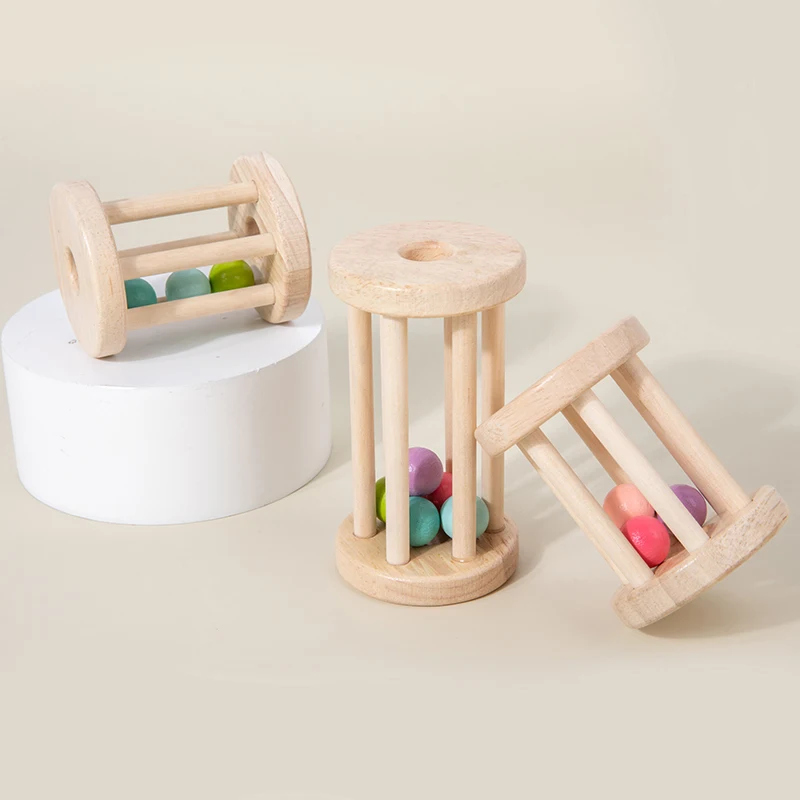 Montessori Style Rolling Rattle Toy Set Natural Wooden Rolling Ball Cylinder 2-4 Years 5-7 Years Baby Teething Appropriate Toy