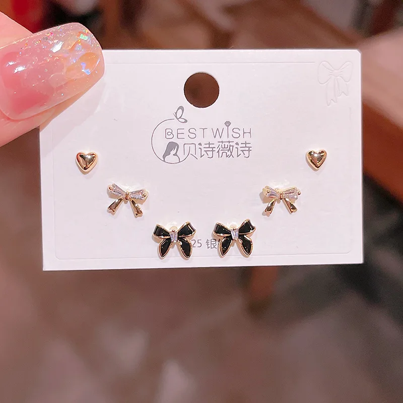 FanYue custom 2024 high quality 14K real gold plated copper zircon bow knot oil drip heart 3 pairs/set earrings set for women