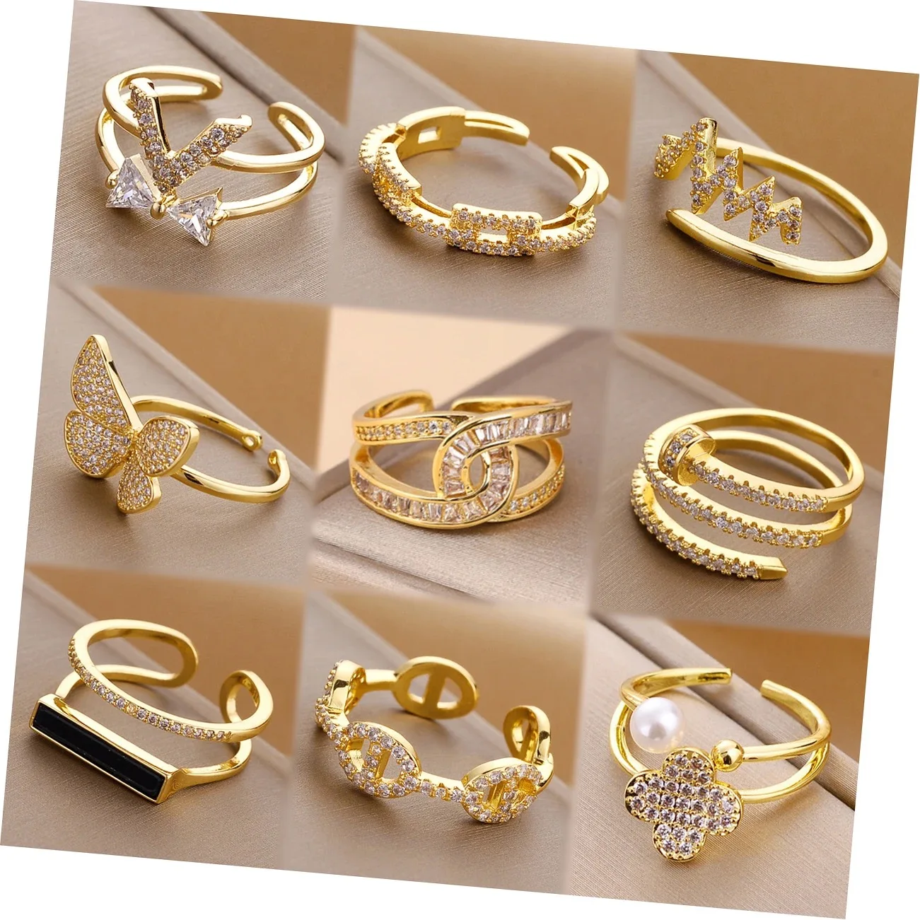 Luxury Adjustable 18k Gold Pearl Zircon Heart Butterfly Finger Ring Women Open Shiny Cz Snake Letter Knuckle Ring