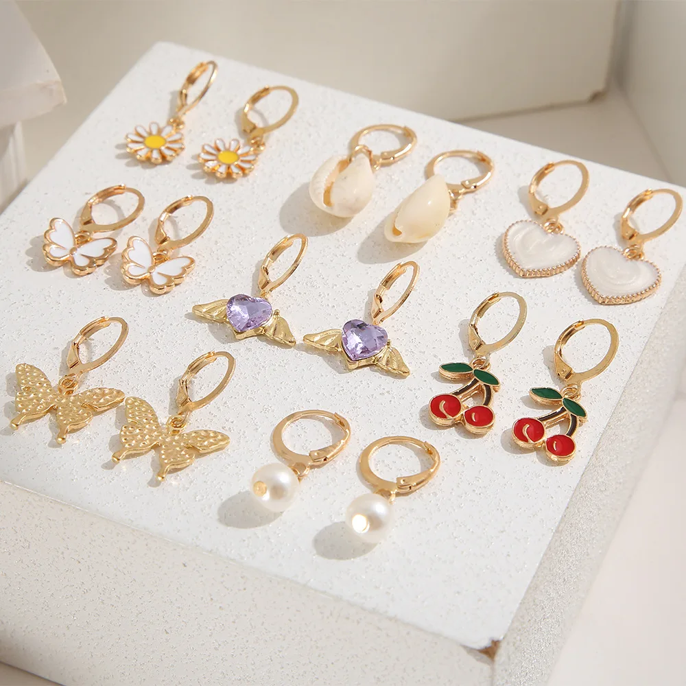 PUSHI fashion creative rhinestone cherry earrings fruit butterfly wings earrings pearl ear clip 9 pairs combo earrings set