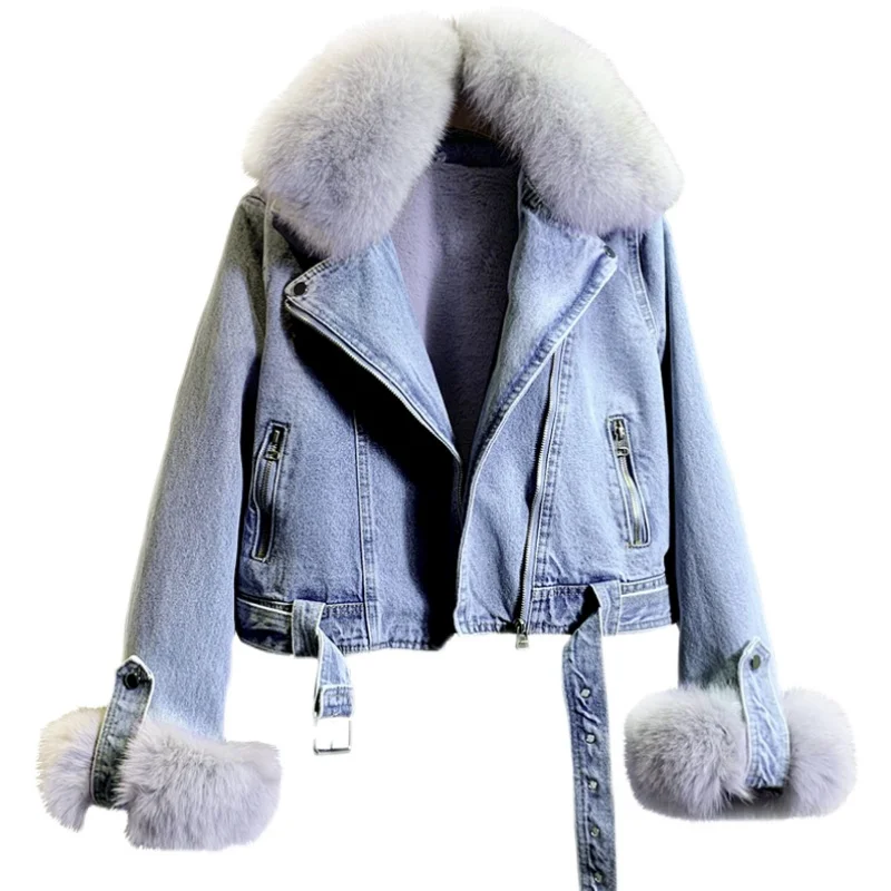 Winter Fashion New Fox Fur Collar Removable Short Jacket Plush Inner Women Denim Jacket