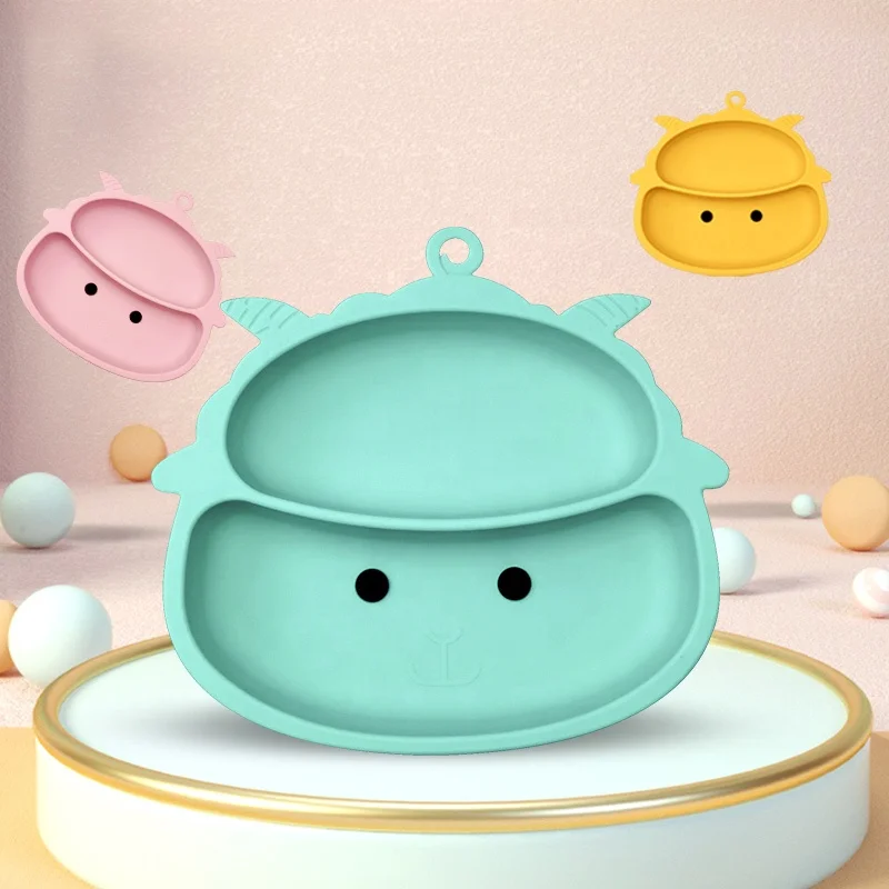 Sheep Silicone Suction Non-Slip Plate for Toddler, Divided Soft Placemat for Baby, Silica Gel Snacks Cartoon Plates Dish Bowl