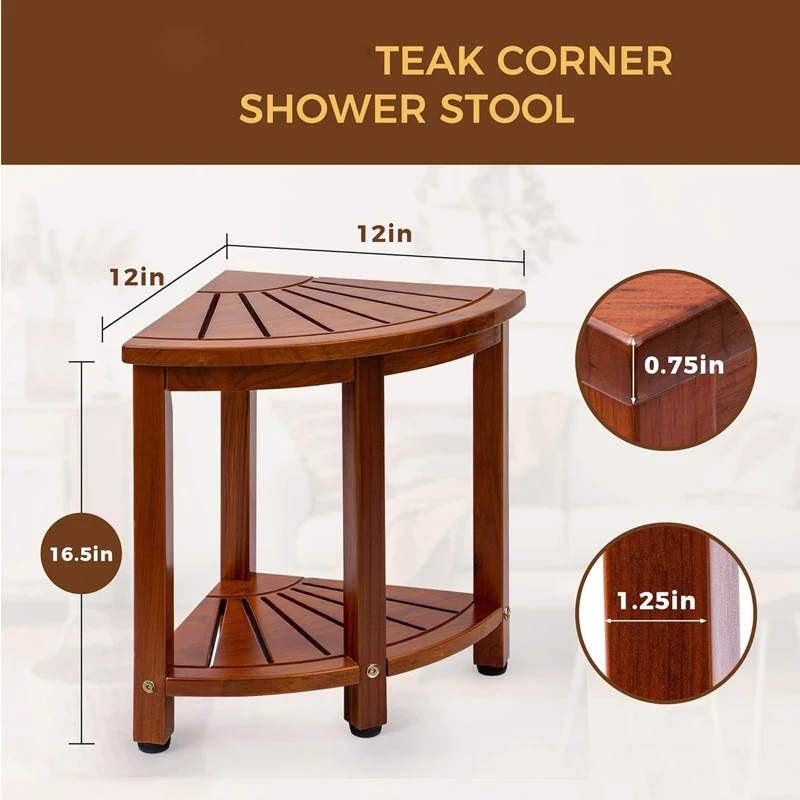 Teak Corner Shower Stool for Shaving Legs with Storage Shelf