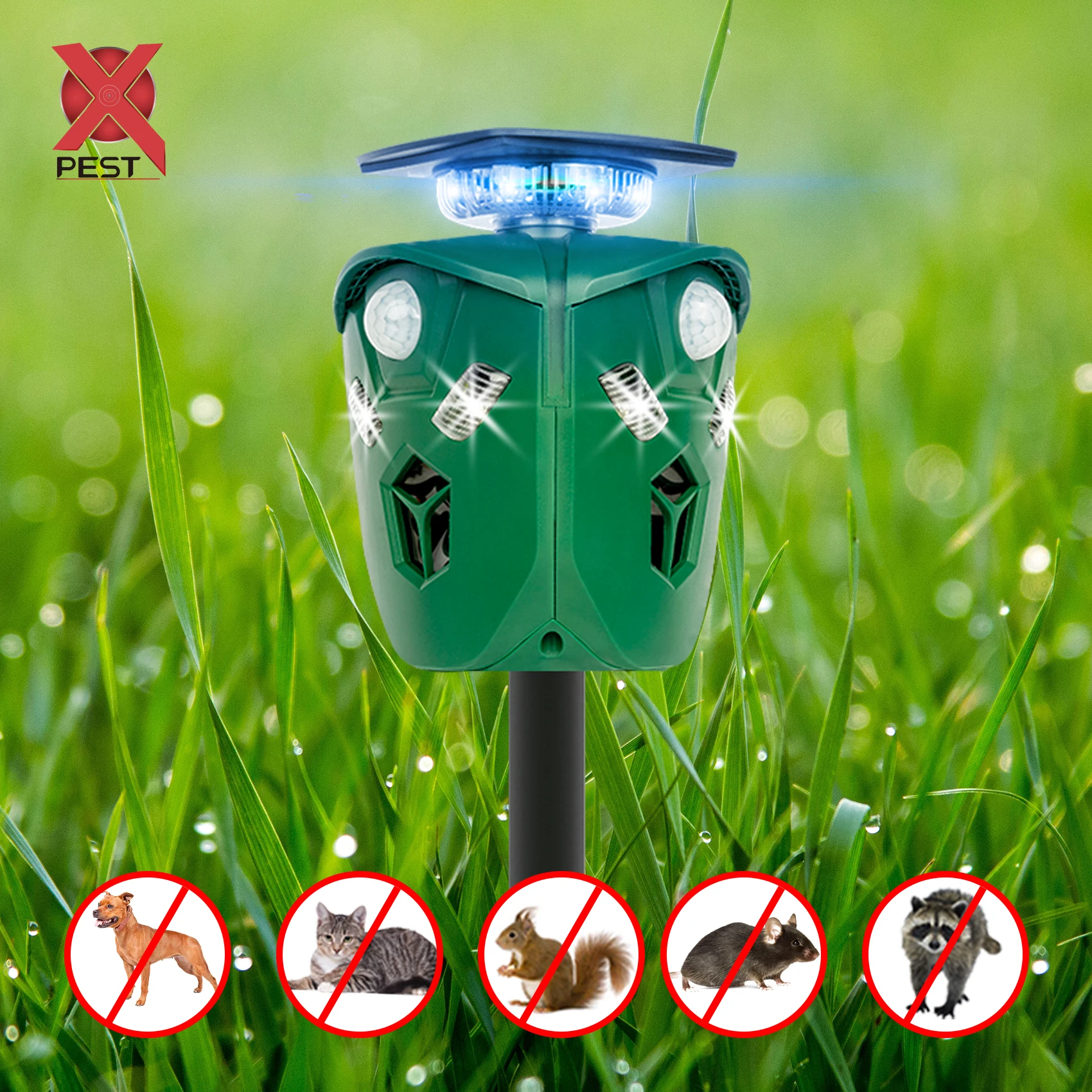 X-Pest AR16 360 Outdoor Deterrent Flashing LED Light and Alarm Sound  Ultrasonic Deer/Cat/Monkey/Wild Pig/Bird Repeller