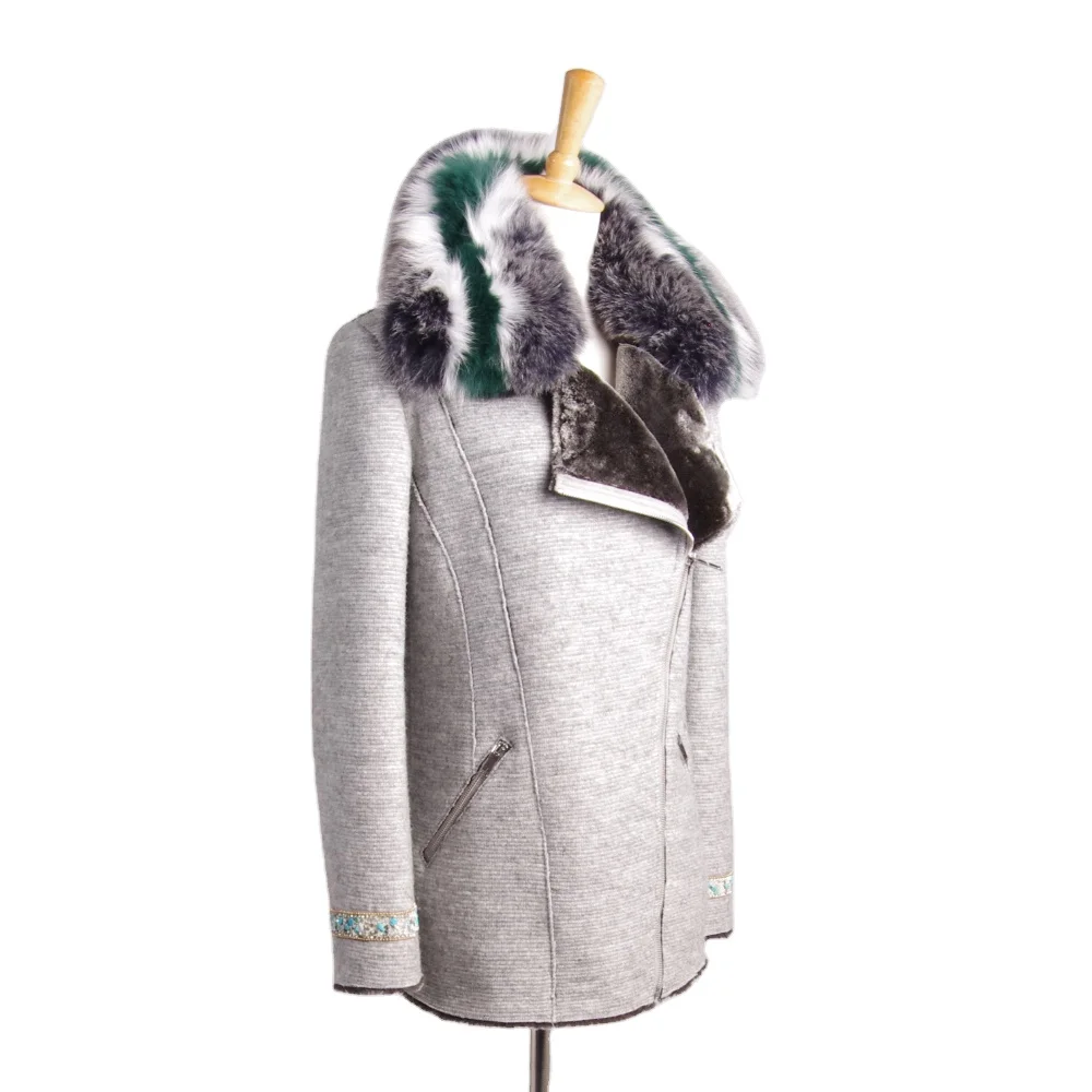 Fashion Style Beaded Wool Coat Lady Faux Fur Coat