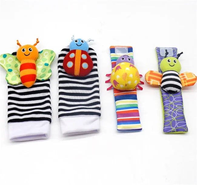 Custom Cute Animal Soft Baby Finding Socks Plush Toys Wrist Rattles And Foot Finders For Fun Butterflies And Lady Bugs Set 4 Pcs