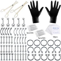 84pcs/set hot sale body piercing puncture kits with ear nose eyebrow sets pliers piercings clamp steel needles tool kit set