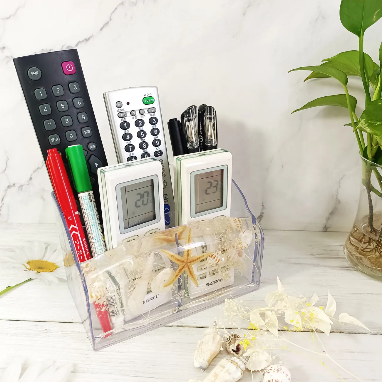 Acrylic Stationery Organizer 3 Compartments Seashells TV AC Remote Control Holder for Organization