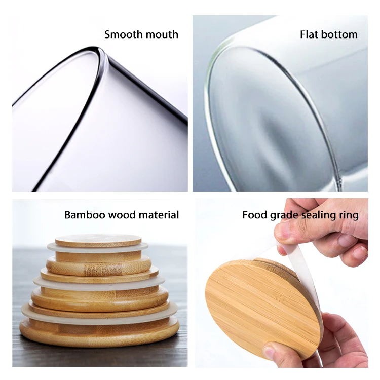 Custom Wholesale High Borosilicate Airtight 8oz 14oz Spice Storage Glass Jar With Bamboo Wood  Lid