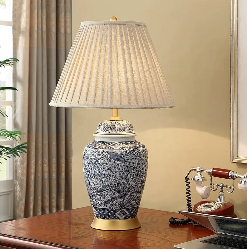 Chinese classic blue and white ceramic jar E27 table lamp for bedroom