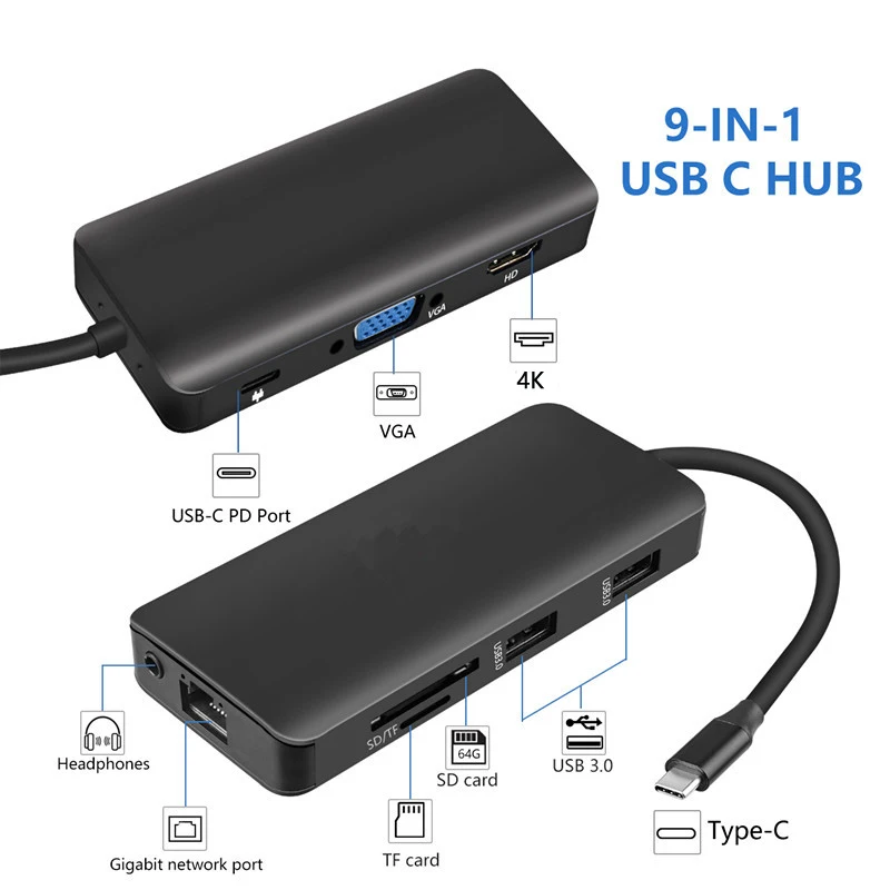 Factory Wholesale USB-C To 3/4/5/6/7/8/9 in 1 Docking Station type c hub Type C to HDTV USB3.0 USB2.0 SD TF RJ45 VGA Audio 3.5mm