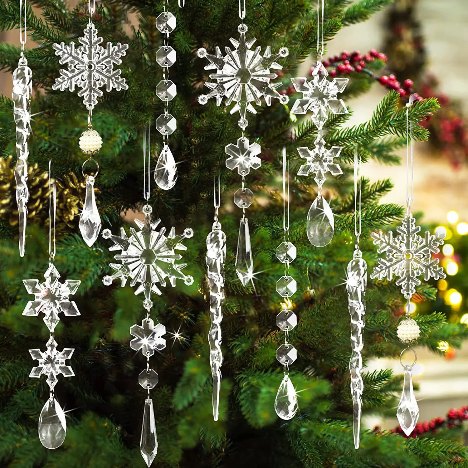 Hot Selling 10pcs Crystal Christmas Ornaments Acrylic Snowflake Christmas Tree Hanging Pendants Decoration