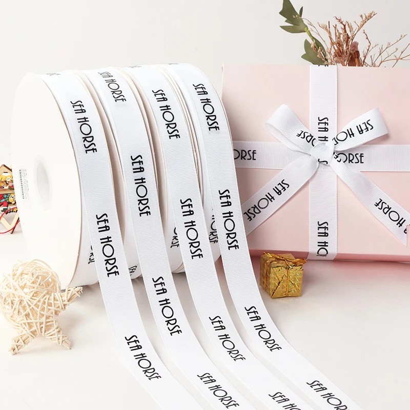 Elegant 2.5 cm 1 inch Pure White Color Ribbon with Black Swatch Silk Single Printing Logo Ribbon