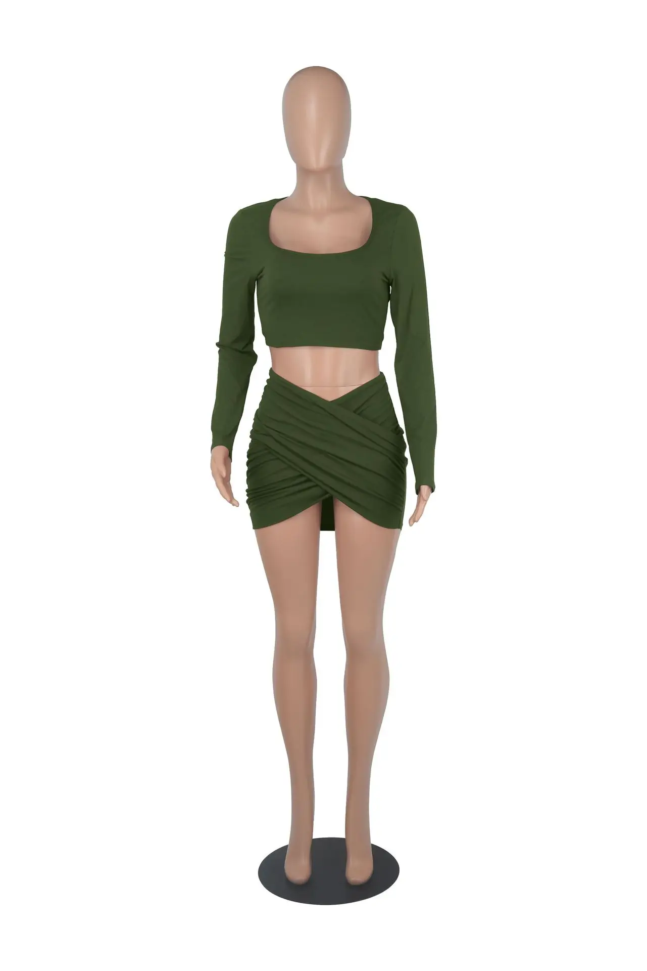 Amazon Top Selling Women Solid Square Neck Crop Top Mini Skirt Sexy Outfit Two Piece Set