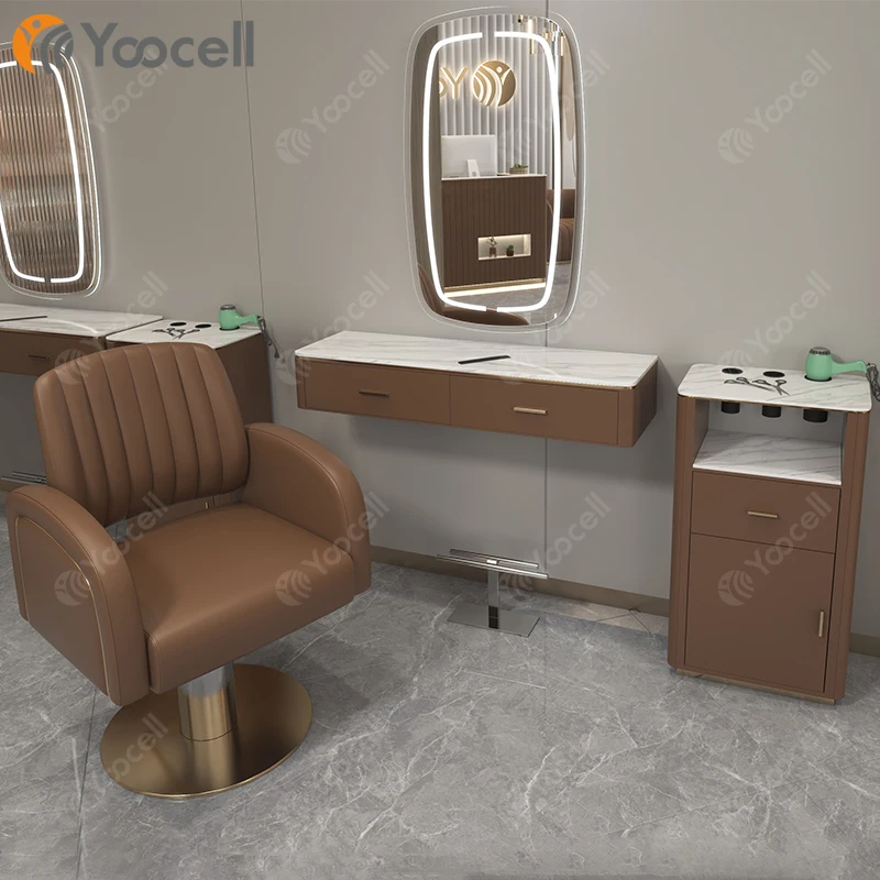 Yoocell curved hair salon mirror design salon hairdressing table mirror station barber styling chair and trolley